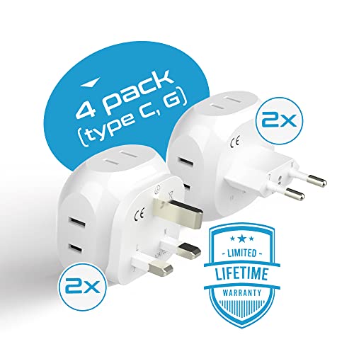 Ceptics Europe Travel Adapter Plug Set Schuko - 4 Input - Ultra Compact - Light Weight Type C, Type G - USA to Any Type C, G Countries UK, Ireland, Germany, France - 4 Pack (PT-9C-7-4PK),White - size: 4 Pack, style: Type C , G - Europe 2 pack set