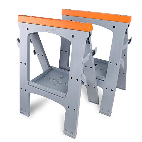 Amazon Basics Rectangular Folding Sawhorse, Collapsible, Folds Flat, 900 Pound Capacity, Set of 2, Orange and Grey