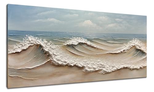 zoinart Blue Ocean Wave Oil Painting on Canvas Impasto Textured Painting Serene Canvas Wall Art Living Room Wall Decor Contemporary Art 24" x 48" - color: YH-B201
