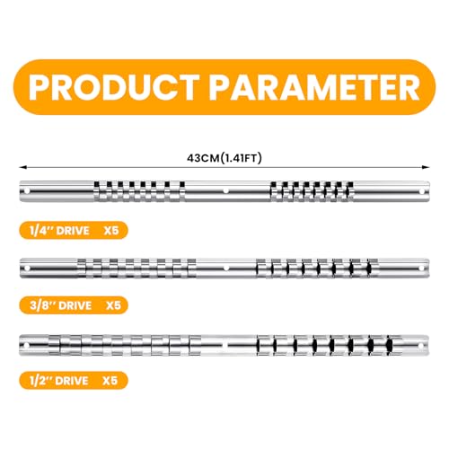 Tandefio 15 Pcs Metal Socket Rails Set Socket Organizer Holder 16 Clip on Rail Tool Organizer Storage, 1/4-inch, 3/8-inch, 1/2-inch