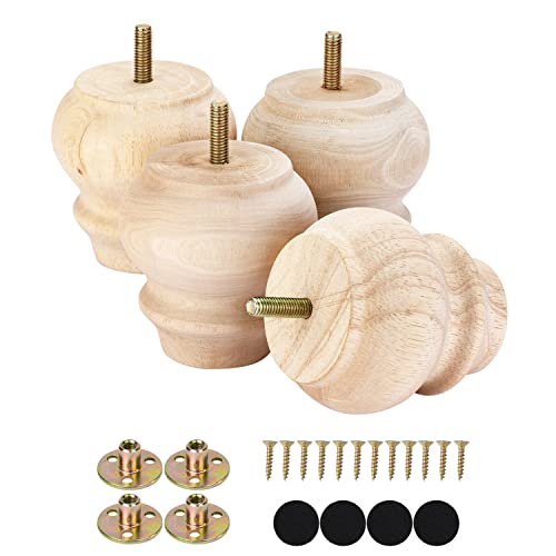 Maricome 3 Inch Unfinhsed Bun Feet Predrilled M8 Bolt Replacement Legs Couch Ottoman Sofa Wood Furniture Legs Set of 4 Screw in - color: 3 Inch Unfinished