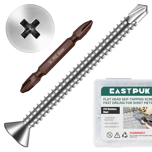 150pcs #8 x 2 Sheet Metal Self Tapping Screws Assortment Kit, 410 Stainless Steel Flat Head High-Strength Fast Self-Drilling Screws, Bright Finish - size: #8x2"
