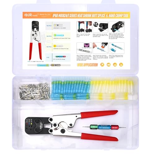 JRready ST6488-12-100 M81824/1 Series Waterproof Heat-Shrinkable Splice Kit 100Sets Butt Crimp Splices16-12AWG with PVDF Tubes Butt Splice Connectors with ACT-232 Crimp Tool G411 Go-No Go Gauge - color: 12#Yellow-100Sets