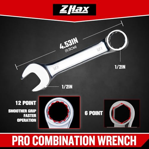 zhax 1/2" SAE Stubby Combination Wrench, 12 Point Box End, 15 Degree Offset Design, Mirror Polish Finish, Forged CR V Steel, Hand Tools for Mechanics, Ideal for Auto and Home Repair - size: 1/2"