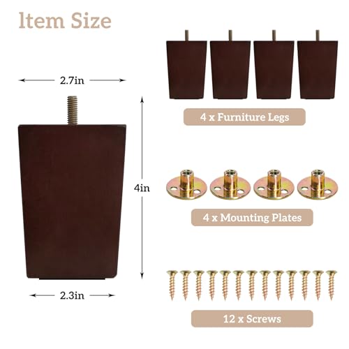 GOSCHE 4 Inch Wood Furniture Legs Sofa Legs Set of 4, Square Wooden Couch Legs Furniture Feet, Brown Mid Century Modern Replacement Legs for Armchair Recliner Coffee Table Dresser - size: 4 Inch