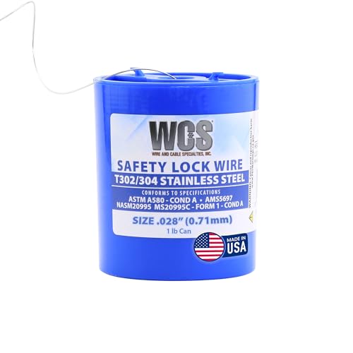 WCS .028 Stainless Steel Safety Lock Wire, T302/304, NASM20995C MS20995C, ASTM A580 Condition A, AMS569, Mechanics Wire for Aircraft, Automotive, & Industrial Use, 1lb Dispenser Can, Approx 474 ft - size: .028 in, style: 1 lb