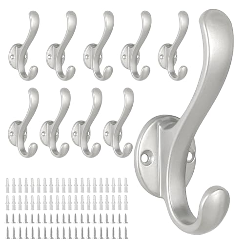 10 Pack Coat Hooks Wall Mount Heavy Duty Utility Retro Double Hooks for Hanging Coats,Hat, Towel, Key, Robe, Scarf, Bag, Cap (Silver) - color: 10 Pack-Silver