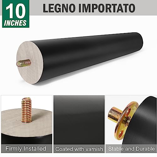 FoDau770 Rubber Wood Legs 10", Straight Taper, 5/16"-18 Thread, Black, 4pcs | Wood Couch legs - Mid Century Sofa Legs - Furniture legs Replacement for Cabinet Dresser Chair Ottoman - color: Black, size: 10 Inch - Straight (90°)