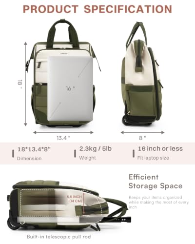 Rolling Puffer Backpack for Women, Travel Backpack with Wheels, 16 Inch Wheeled Laptop Backpack, Dual-Opening Design Overnight College Underseat Carry on Luggage, Roller Business Work Bag, Green - color: Green
