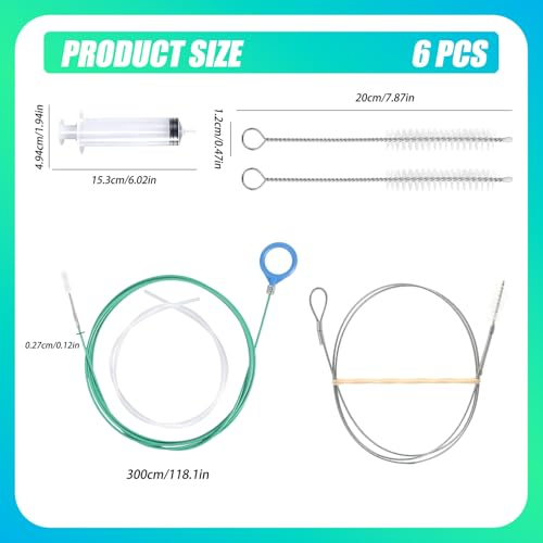6pcs Sunroof Drain Cleaning Tool, 118in Flexible Long Pipe with Round Handle, 2 Cleaning Brushes, Syringe, Hose & Long Wire Brush for Auto Car Sunroof Drain Cleaner, Gutter Tools