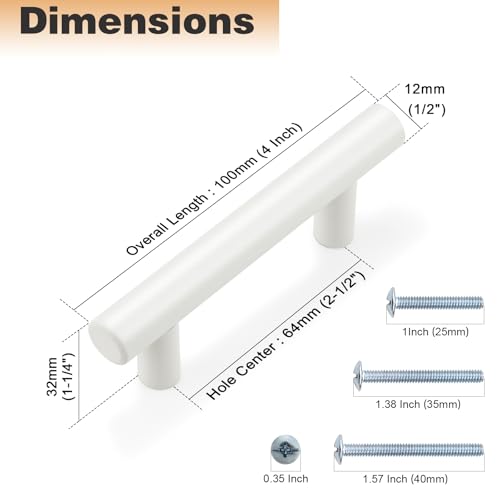 Probrico 5 Pack| White Cabinet Pulls 2-1/2 Inch T Bar Euro Style Handles Kitchen Cupboard Stainless Steel Modern Cabinet Hardware - color: White, size: hole center 2-1/2"