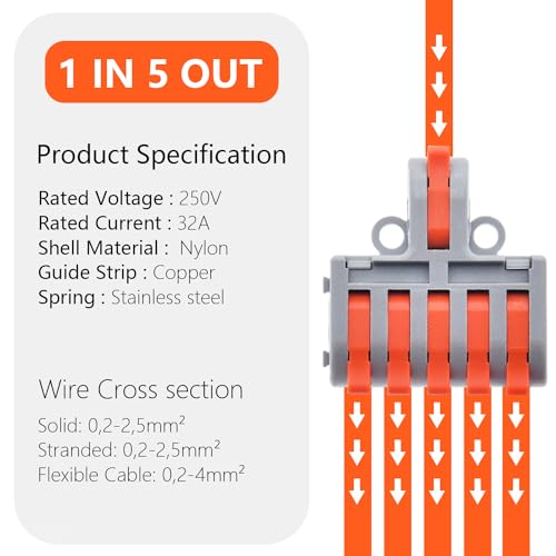 10Pcs Lever Wire Connectors, 1 in 5 Out DIY Mini Splicing Compact Quick Push-in Electrical Connectors, 24-12 AWG
