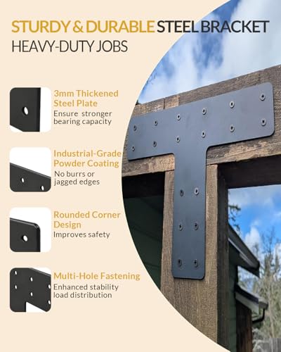6 Pcs Heavy Duty T Plate Brackets, 12"x8" Black T Shape Mending Plate, 0.12" (3mm) Thick Steel Flat Bracket for 4x4 6x6 Wood Post to Beam, Truss Framing, Pergola & Furniture Repair - size: 6 Pack, style: Standard T-Plate