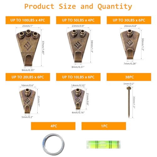 KURUI Bronze Metal Picture Hanging Kit with 10lb-100lb Picture Hangers - size: Bronze