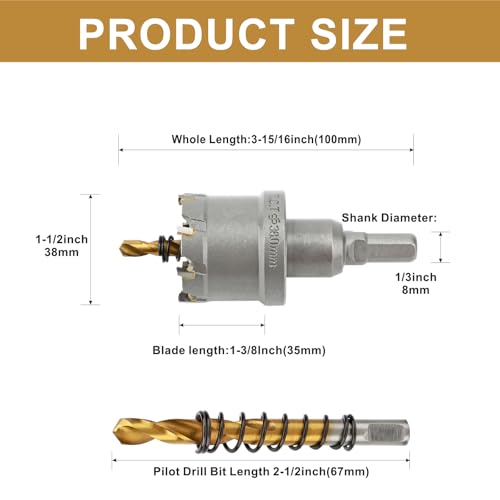 1-1/2'' TCT Hole Saw Kit Tungsten Carbide Tipped Hole Saw Drill Bit with Titanium-Plated Pilot Drill bit for Metal, Stainless Steel, Iron (38MM) - size: 38MM | 1-1/2''
