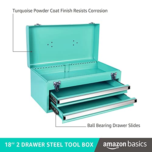 Amazon Basics Metal Tool Box with Drawers, Storage and Organization Tool Chest, Powder Coat Finish, 18.1 x 8.7 x 9.5 in, Turquoise