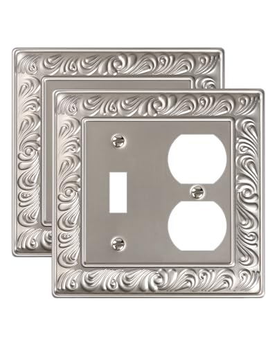 2-Pack Paisley Pattern Metal Combo Toggle/Duplex Light Switch Cover Plate | Decorative Wall Outlet Cover Plate, 2 Gang Metal Wall Plates for Electrical Outlets, Light Switch, Satin Nickel - color: Satin Nickel, size: 1 Toggle/1 Duplex 2PK