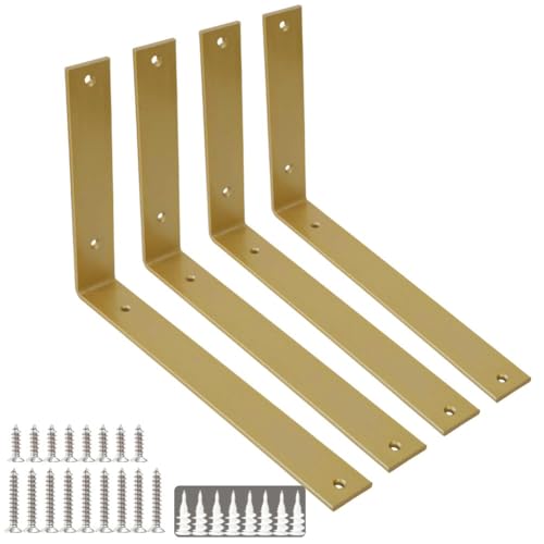 Shelf Brackets 12 Inch Wall L Brackets 4PCS Heavy Duty for Shelves Metal Gold Rustic Industrial Brackets for DIY Opening Shelves Project Hardware Included - size: 12 Inch, style: Gold-4 Pack