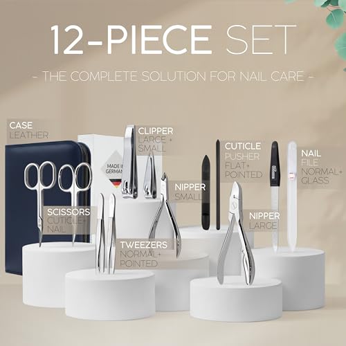 Manicure Set Women and Men – 12-Piece Professional Grooming Kit with Premium Tools, Genuine Leather Case, and exclusive Glass Nail File for Hand & Foot Care, German Quality - color: Blue
