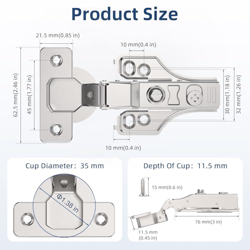 Chibery 4 Pack 1/4" Partial Overlay Soft Close Concealed Hinge for Face Frame ＆ Frameless Door, 3D Adjustment, Clip-on Plate, Slow Self Closing Hidden Satin Nickel, 105° Stainless Steel Hinges, 3/8" - size: Partial Overlay