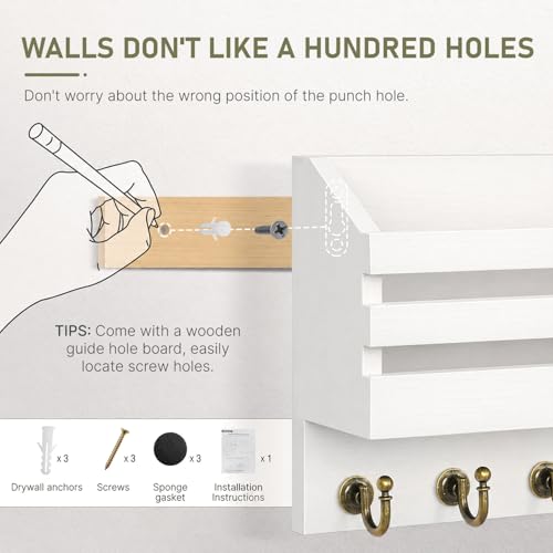 FifthQuarter Key and Mail Holder Wall Mount with Drawer and 6 Sturdy Hooks - color: A-White