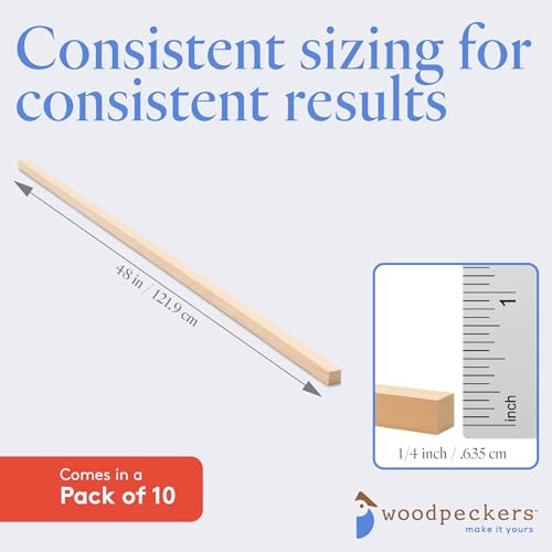 DIY Wooden Square Dowel Rod 1/4-inch x 48 Pack of 10 Hobby Wood Sticks for Crafts, Wood Trim & Architecture Model Making, by Woodpeckers - color: Pack of 10, size: 48 inch, 1/4 inch thick