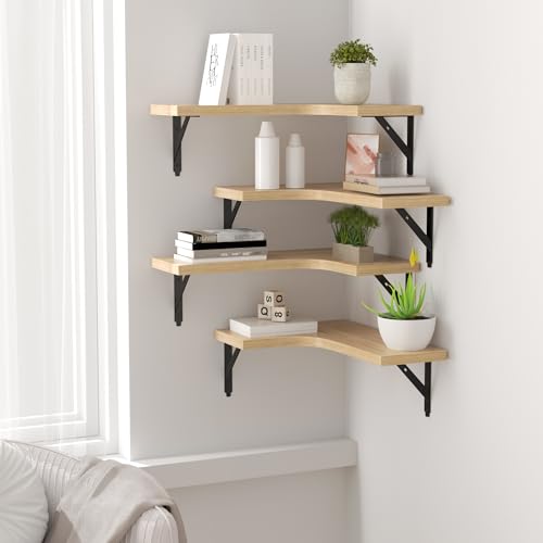 ROMGUAR CRAFT Corner Floating Shelves Wall Mounted Set of 4, Natural - color: Natural