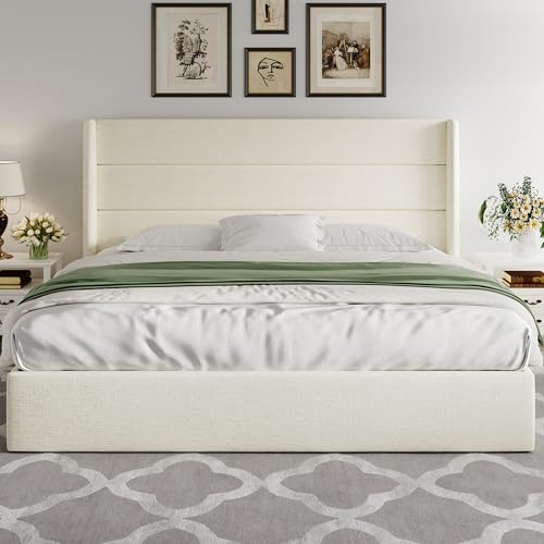 Allewie King Size Chenille Lift Up Hydraulic Storage Bed Frame Cream White - color: Cream White, size: King, style: Modern