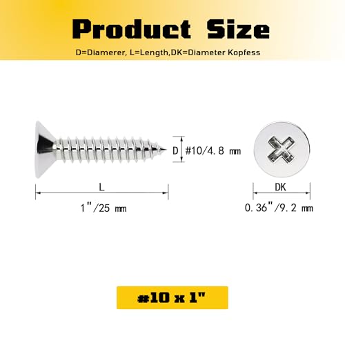 #10 x 1 inch Flat Head Wood Screws, 304 Stainless Steel Phillips Drywall Screws and Tapping Screws, High Hardness Screws for Drywall, Sheetrock, Wood (50 Pcs) - size: #10 x 1"