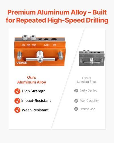 VEVOR Doweling Jig Kit, Self Centering Dowel Drill Jig for Straight Holes, Aluminum Alloy Woodworking Tools with 6 Drill Guide Bushings, Adjustable Width, for Wood Working, Drilling and Marking - size: Pro, style: Doweling Jig