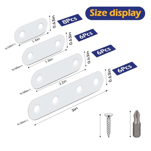 26 PCS White Stainless Steel Straight Bracket Flat Brace, 1.4 in / 1.8 in / 2.2 in / 3.0 in Wood Brackets Mending Repair Plate Brace for Bed Frame, Furniture & Shelves, with 64 White Screws and 1 Bit