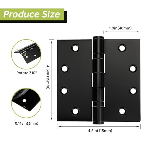 3 Pack Black Door Hinges 4.5 x 4.5 Inches, Heavy Duty Stainless Steel Ball Bearing Hinges with Screws, Square Corner, Smooth and Quiet - size: 4.5x4.5inch - 3 Pack