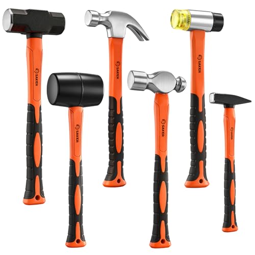 Saker 6-Piece Hammer Set, 3lb Sledge Hammer,16oz Rubber Mallet, 16oz Ball Peen Hammer & Claw Hammer, 14oz Double-Faced Mallet, 7oz Cross Peen Hammer for Home Repair & DIY Projects - size: 6 Piece