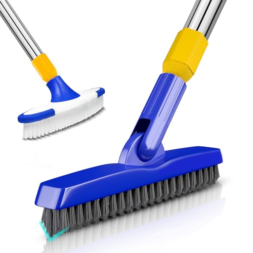 ITTAR Grout & Scrub Brush Combo, Floor Scrubber with Long Handle, Multi-Purpose Stiff Bristles Cleaning Brush Set for Tile, Grout, Deck, Kitchen, Shower Floor (2 Pcs) - color: White & Blue Head