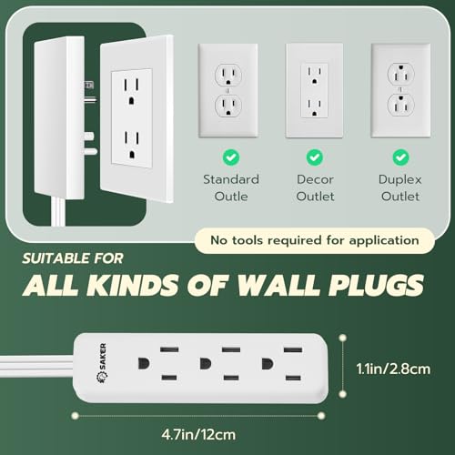 Saker Outlet Cover with Flat Extension Cord, 3-Outlet Extender, 5ft - style: 5ft