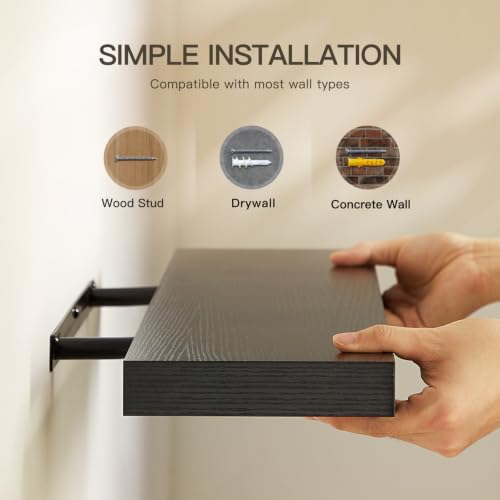 Amada 32 Inch Floating Shelves with Invisible Brackets, Set of 2, Black | Wall Shelves with Hidden Bracket, Solid MDF Wood, 22 lbs Max Load per Shelf, Easy to Assemble, Multi-Wall Compatible - color: Black, size: 32 inches