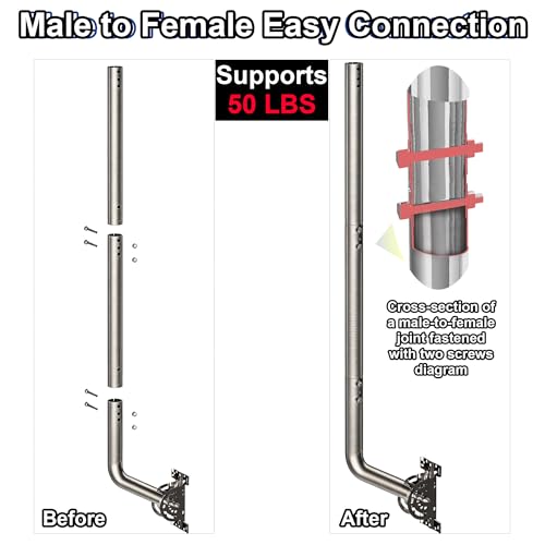 53" Heavy Duty Adjustable Antenna Wall Mount – 430 Stainless Steel J-Pole Solid Mast Bracket for Starlink (Adapter Required), TV Antennas, Weather Stations – 1.38" OD Pivot Base (Silver) - color: 53‘’ Long Wall Mount Silver