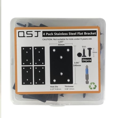 QSJ 4 Pack Black Flat Mending Plate,Six-Hole Metal Bracket, Straight Steel Brace 3.94 x 1.97'', Fixing Joining Plate for Wood with 24PCS Screws, 1x Screwdriver. - size: Black, 3.94x1.97‘’