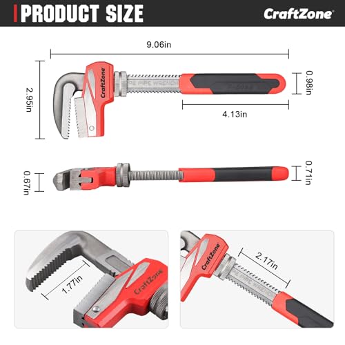 9 Inch Aluminum Pipe Wrench, Heavy-Duty Adjustable Plumbing Wrench, 50mm Max Jaw Capacity, Cr-V Steel Jaw, Lightweight Straight Pipe Wrench for Pipe Fittings - size: 9in