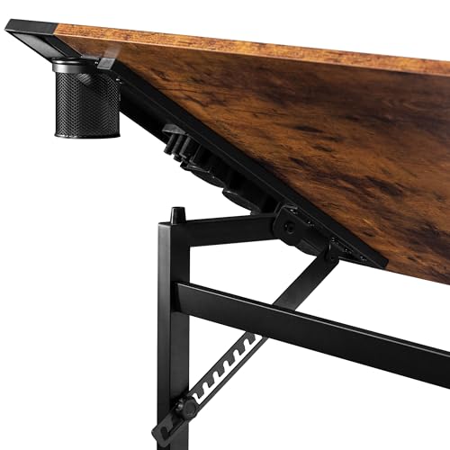 VECELO Vintage Drawing Drafting Table, Adjustable Tilting Top Art Desk Craft Work Station with Pencil Ledge, Lockable Slide Rolling Wheels for Painting Diamond Reading Writing Study, Rustic Brown