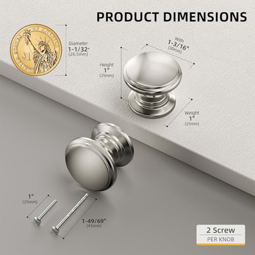 Goldenwarm Cabinet Knobs, Brushed Nickel Dresser Knobs 1-1/5 Inch 10 Pack Round Kitchen Hardware, Solid Zinc Alloy, Single Hole, Screws Included, Drawer Knob for Cupboard Dresser Bathroom Vanity - color: Brushed Nickel