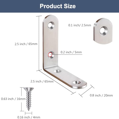 6 Pcs L Bracket Corner Brace Stainless Steel 65x65mm 90 Degree Small Shelf Brackets for Wood, Shelves, Heavy Duty Support Joint Right Angle Braces with Screws - size: 6PCS-Silver 65*65mm/ 2.5in