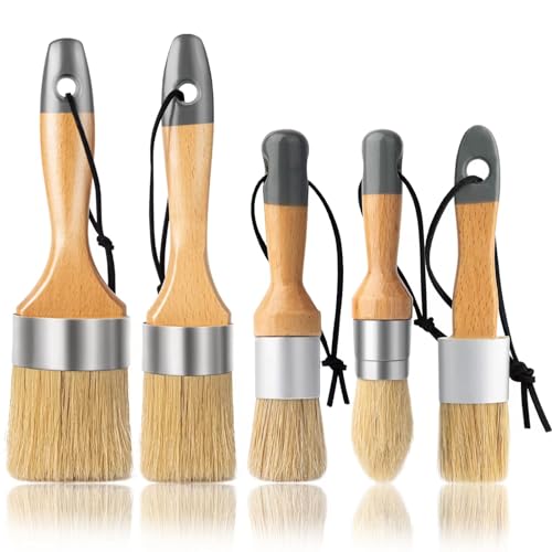 Chalk Paint Brush, Wax Paint Brush Set of 5, Natural Bristle | Chalk Paint for Furniture, DIY Home Decor and Art Crafts, Round Oval Paint Brush for Painting and Waxing, Wooden Handles - size: 1 Large + 1 Medium + 3 Small, 5 Pack