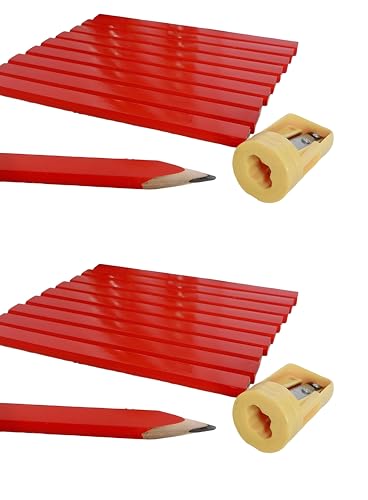 Bexter Carpenter Pencil Set with Sharpeners – 20 Red Flat Woodworking Marking Tools + 2 Sharpeners for Construction, Carpentry, Framing & DIY