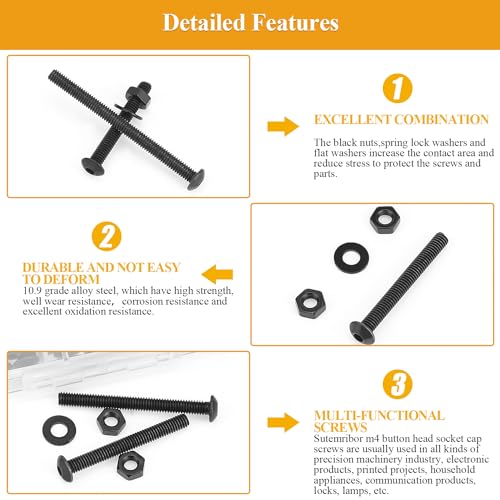 185 Pieces M4 x 30/35/40/45/50mm Button Head Socket Cap Screws Nuts Washers Set Black, Sutemribor M4 Long Screws, M4 Black Screws Nuts Washers Assortment Kit, 10.9 Grade Alloy Steel, Fully Threaded - size: M4 x 30/35/40/45/50mm Kit, style: Button Head