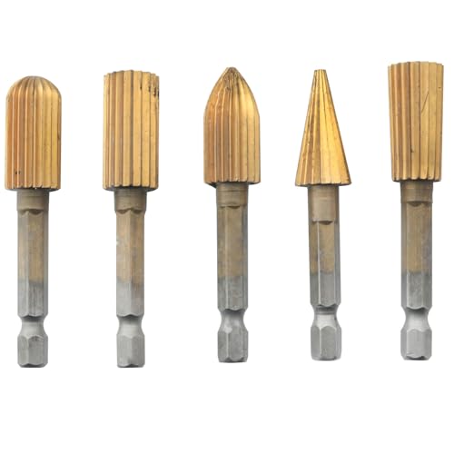 CHENJIN 5PCS Hex Shank Metal Grinding Drill Bits Five Shapes Double Cut High Speed Steel Rotary Files DIY Woodworking Electric Sanding Heads for Resin Plastic Porcelain Soft Metal Stone Carving