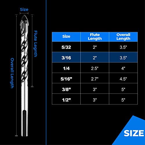 amoolo 3/16" Concrete Drill Bit & Masonry Drill Bit Set(5PCS), Carbide Tip Drill Bit Set for Tile, Brick, Cement, Concrete, Glass, Plastic, Cinder Block, Wood etc - size: 3/16"(5pcs)