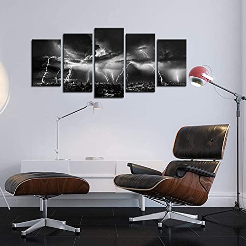 Biuteawal - Black and White Wall Art Nature Lightning Strikes in The Clouds Painting on Canvas Storm and City Night View Picture Print for Home Office Living Room Decoration Wall Decor - size: W50"xH24"