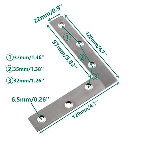 4 Pack Stainless Steel L Shape Flat Corner Bracket Plate - Repair Mending for Wood, Metal Fixing, Joining Support Brace for Shelves, Furniture and Cabinet (120x120mm) - size: 120 x 120 mm