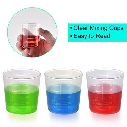 100 Pack 60ml/2oz Transparent Measuring Cups Reusable Clear Plastic Graduated Epoxy Mixing Cups with 100 Pack Wooden Stirring Sticks for Liquids Resin, Epoxy, Stain, Mixing Paint, School Labs - size: 60ml